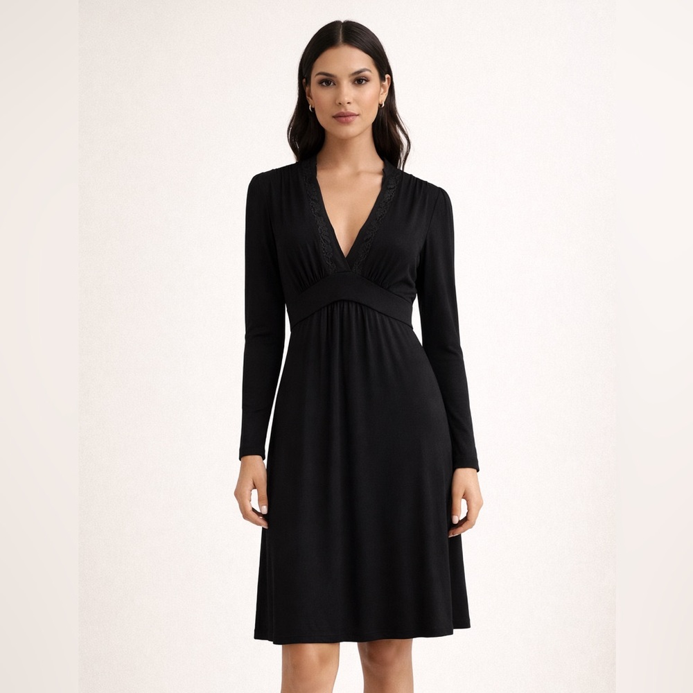 BCBGMAXAZRIA Black Long Sleeve Knee Length Dress – Lace Trim, Size M